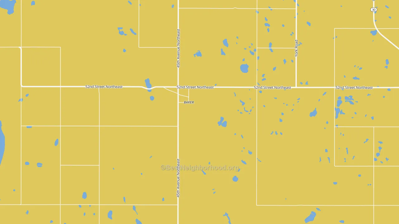 Map of the best neighborhoods in the Baker area, with better matches in green and worse matches in red