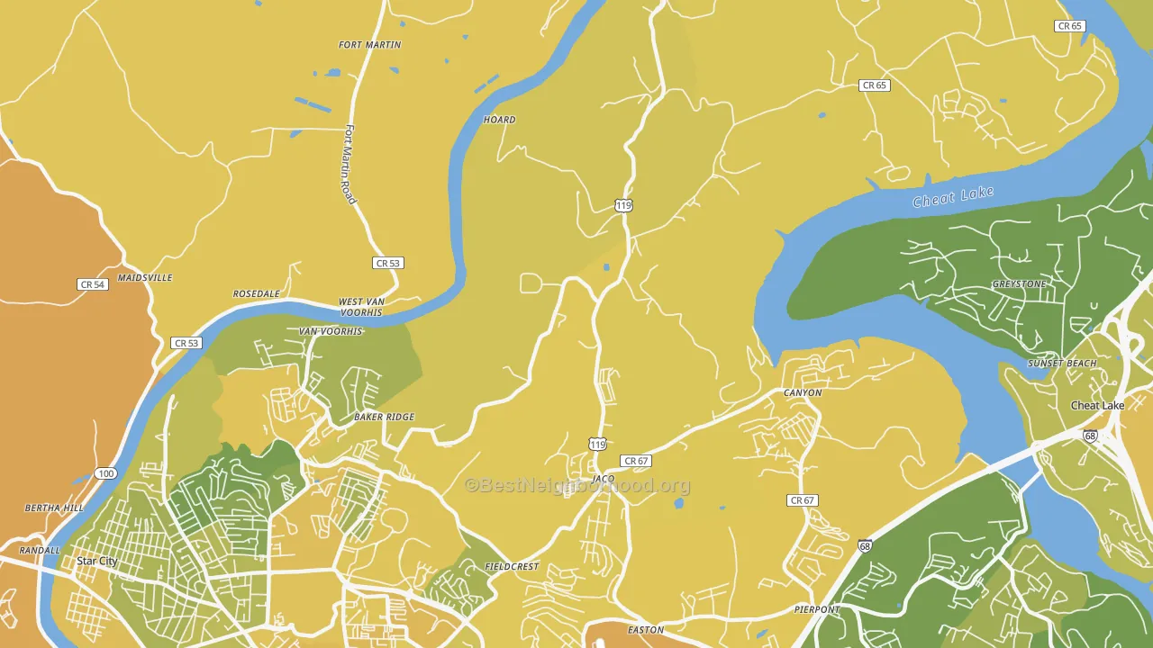 Map of the best neighborhoods in the Baker Ridge area, with better matches in green and worse matches in red