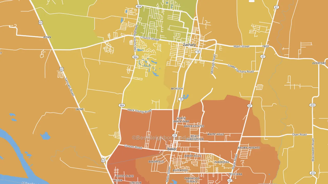 Map of the best neighborhoods in the Baker-Zachary Area, Baker area, with better matches in green and worse matches in red