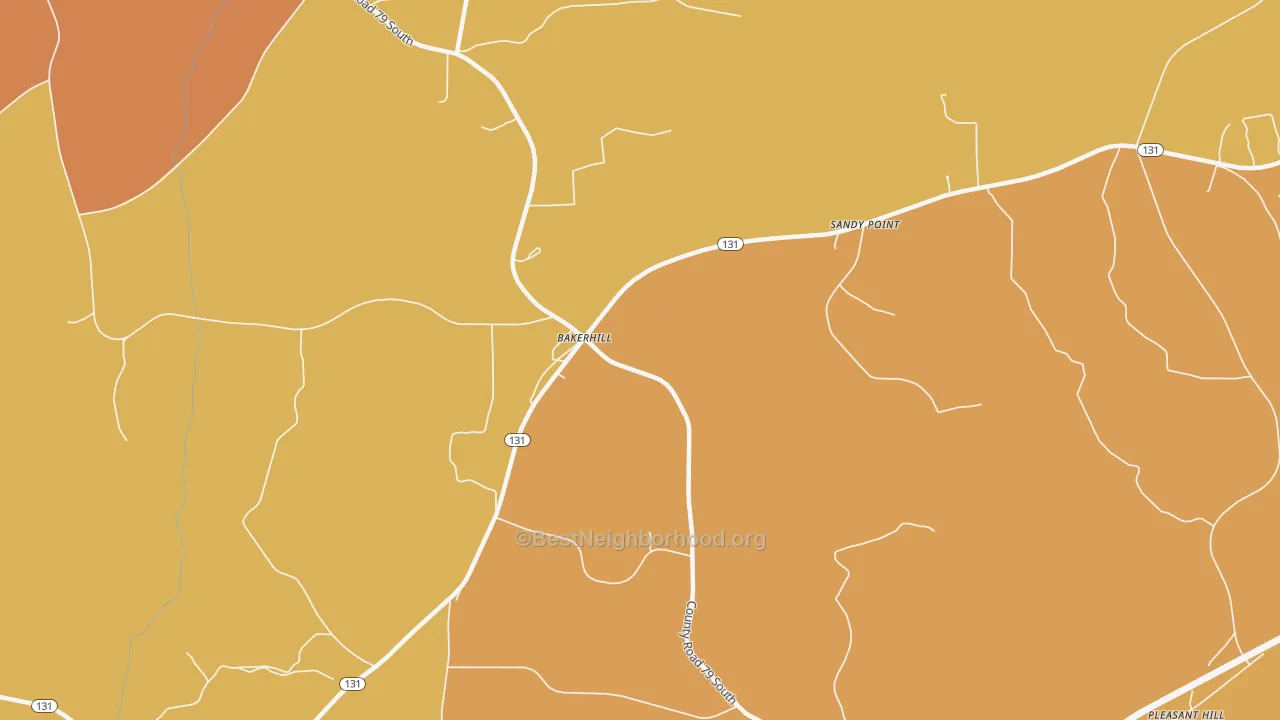 Map of the best neighborhoods in the Bakerhill area, with better matches in green and worse matches in red