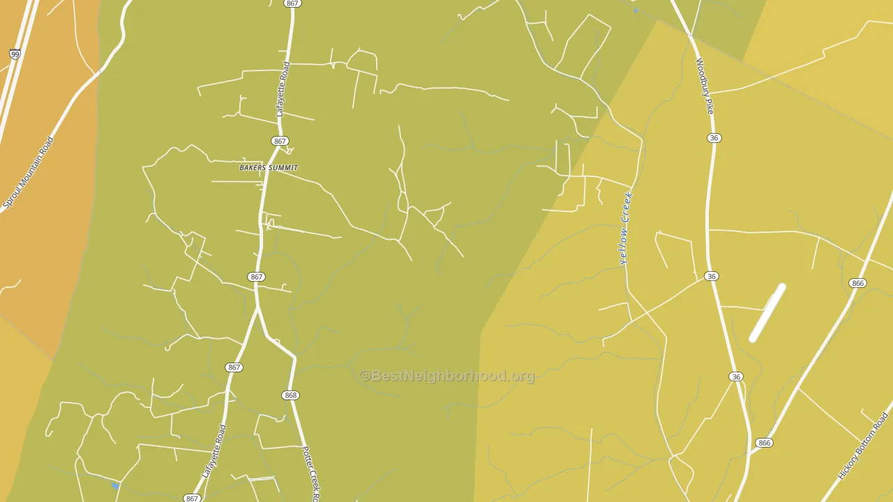 Map of the best neighborhoods in the Bakers Summit area, with better matches in green and worse matches in red