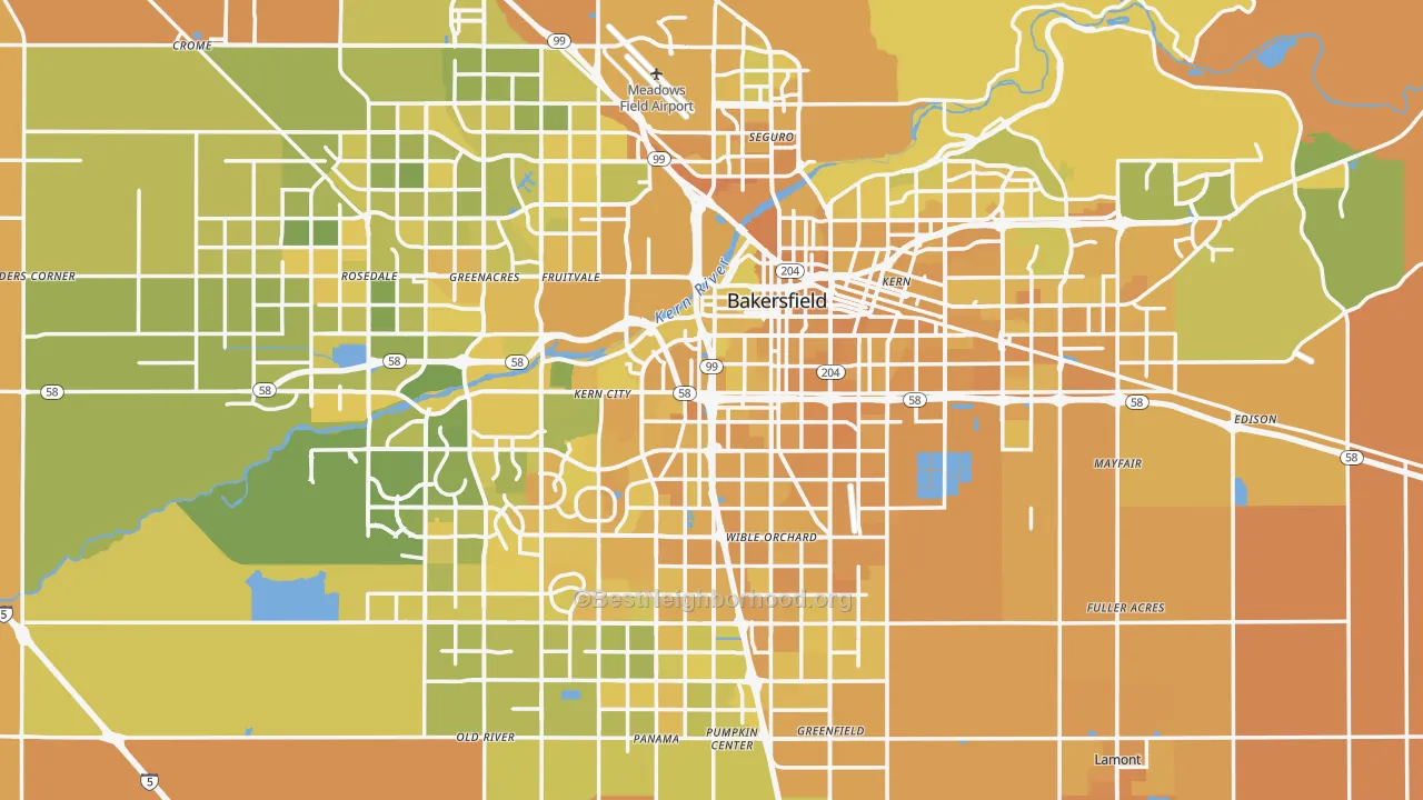Map of the best neighborhoods in the Bakersfield Metro area, with better matches in green and worse matches in red