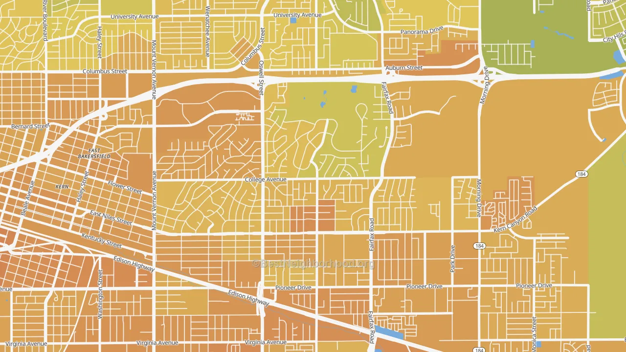 Map of the best neighborhoods in the Bakersfield Country Club, Bakersfield area, with better matches in green and worse matches in red