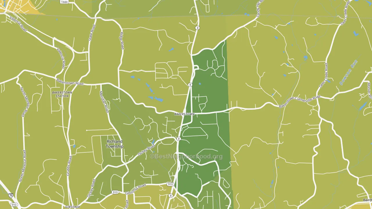 Map of the best neighborhoods in the Bakerstown area, with better matches in green and worse matches in red