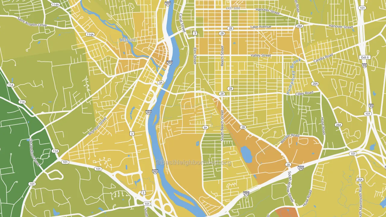 Map of the best neighborhoods in the Bakersville, Manchester area, with better matches in green and worse matches in red
