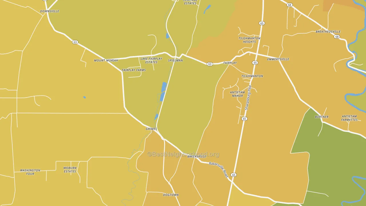 Map of the best neighborhoods in the Bakersville area, with better matches in green and worse matches in red