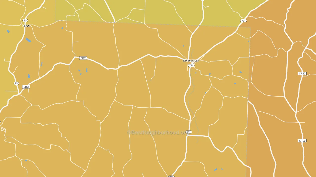 Map of the best neighborhoods in the Bakersville area, with better matches in green and worse matches in red