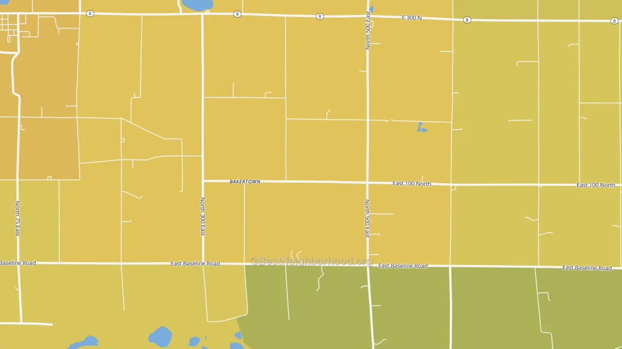 Map of the best neighborhoods in the Bakertown area, with better matches in green and worse matches in red