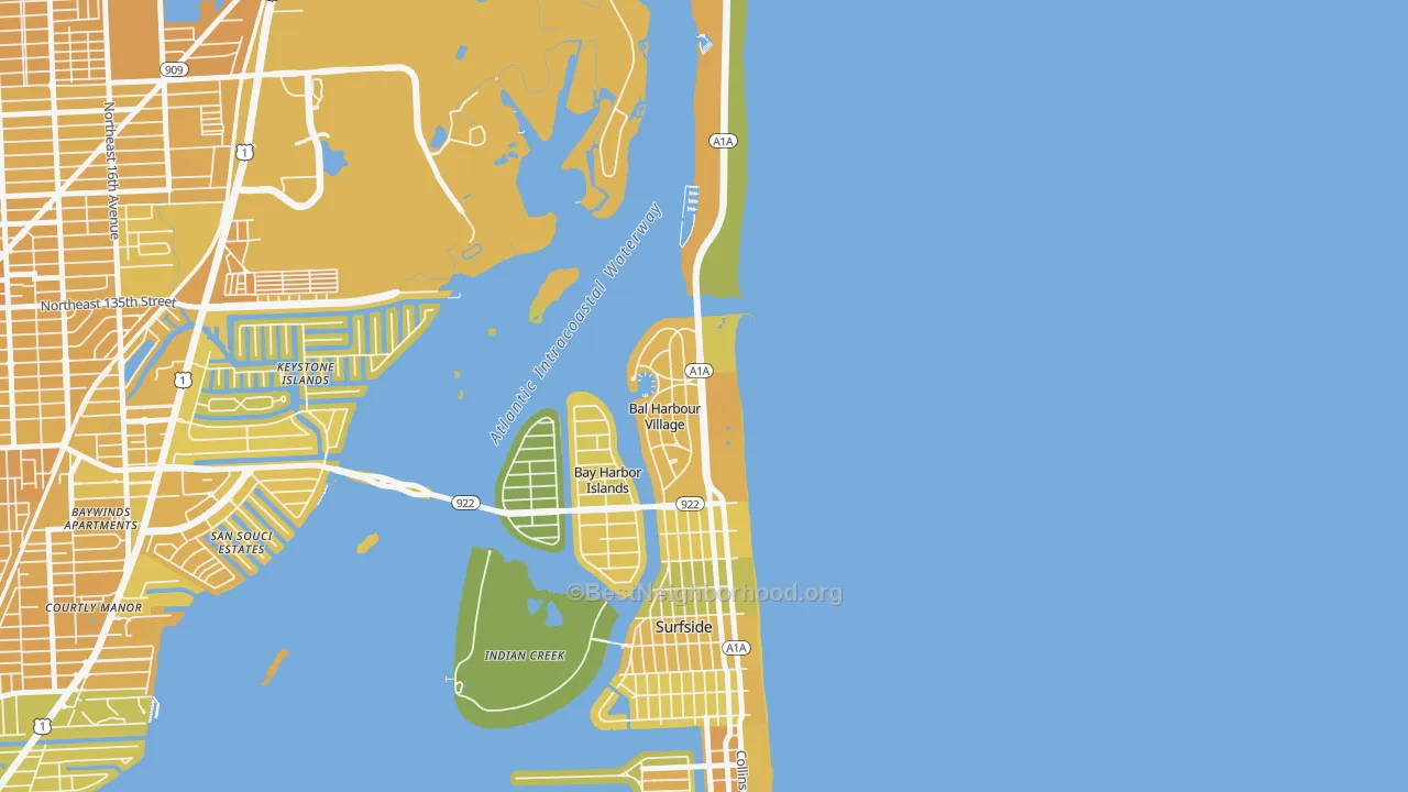 Map of the best neighborhoods in the Bal Harbour area, with better matches in green and worse matches in red