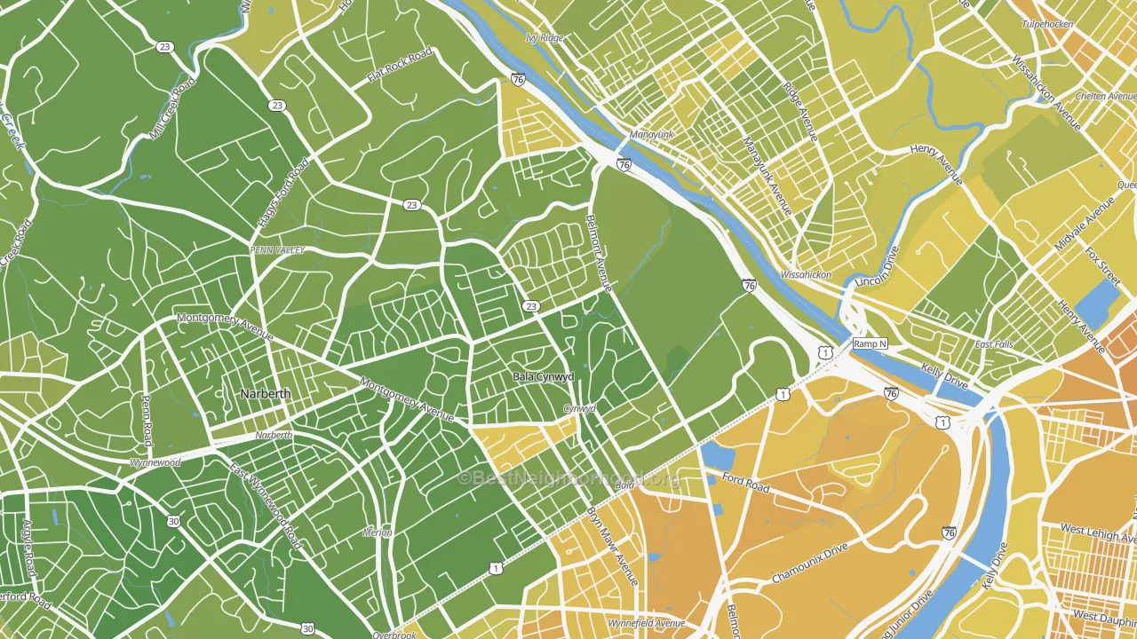 Map of the best neighborhoods in the Bala Cynwyd, Bala-Cynwyd area, with better matches in green and worse matches in red