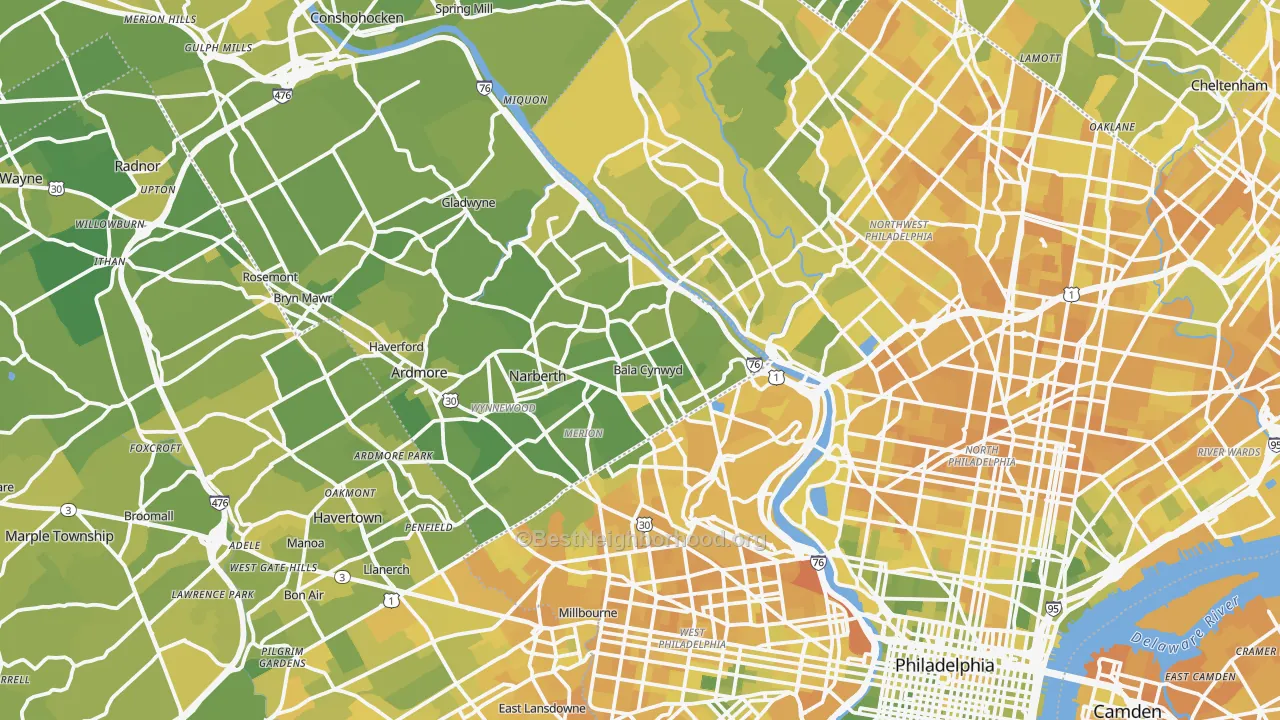 Map of the best neighborhoods in the Bala-Cynwyd area, with better matches in green and worse matches in red