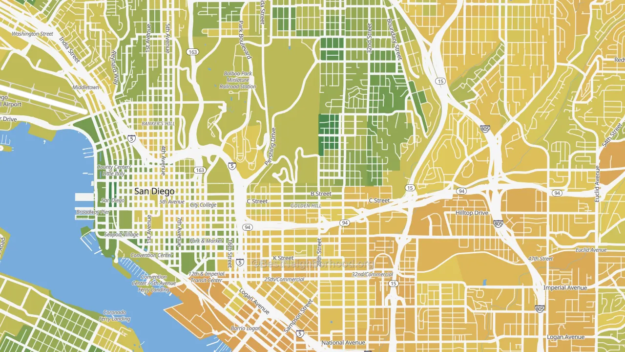 Map of the best neighborhoods in the Balboa Park, San Diego area, with better matches in green and worse matches in red