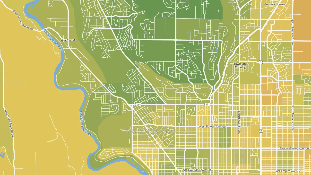 Map of the best neighborhoods in the Balboa, Spokane area, with better matches in green and worse matches in red