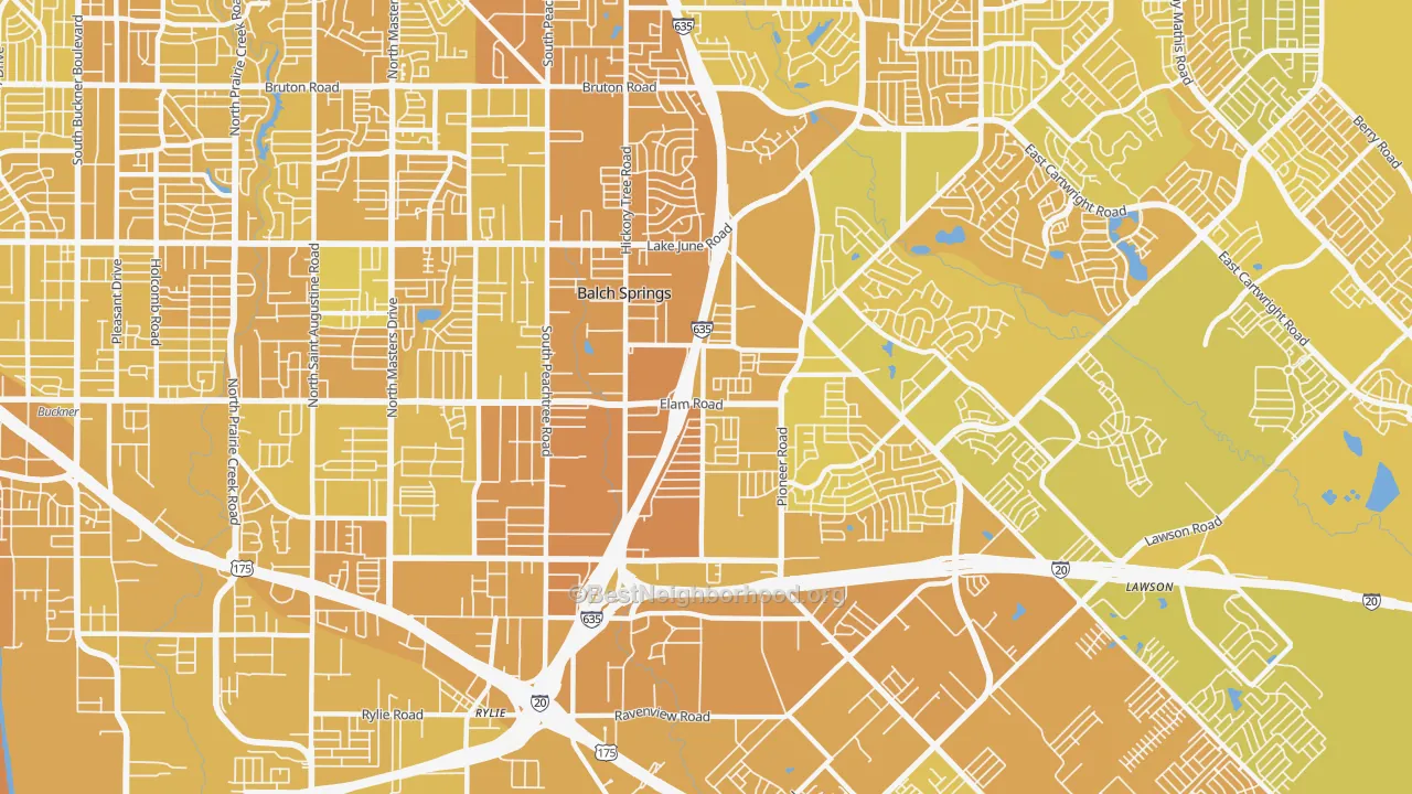 Map of the best neighborhoods in the Balch Springs area, with better matches in green and worse matches in red