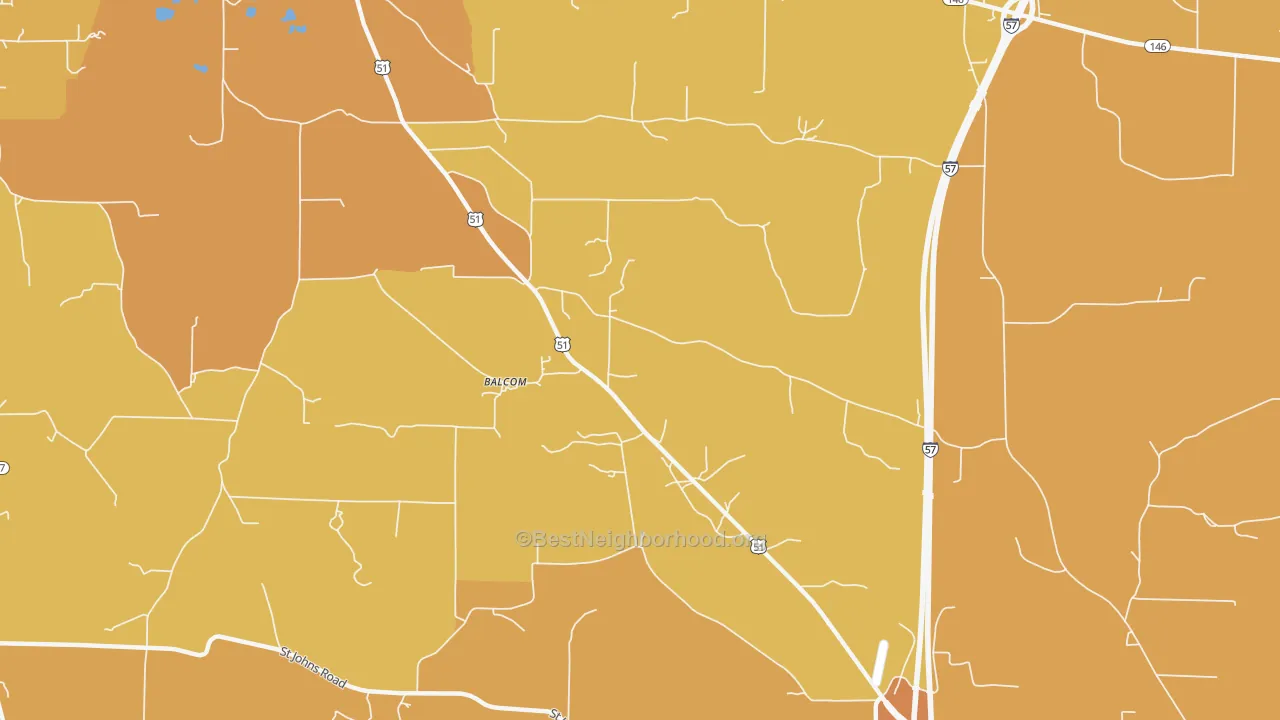 Map of the best neighborhoods in the Balcom area, with better matches in green and worse matches in red