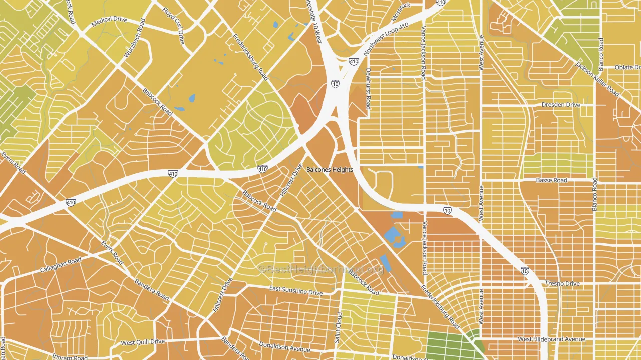Map of the best neighborhoods in the Balcones Heights area, with better matches in green and worse matches in red