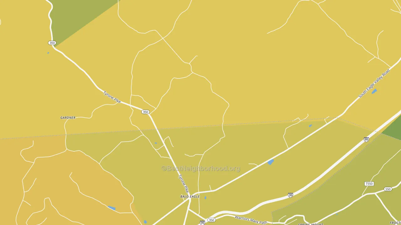 Map of the best neighborhoods in the Bald Eagle area, with better matches in green and worse matches in red