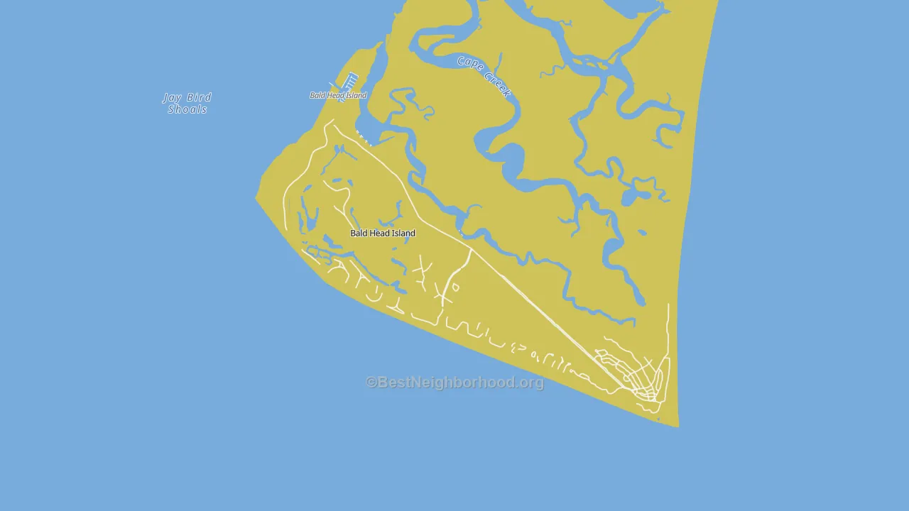 Map of the best neighborhoods in the Bald Head Island area, with better matches in green and worse matches in red
