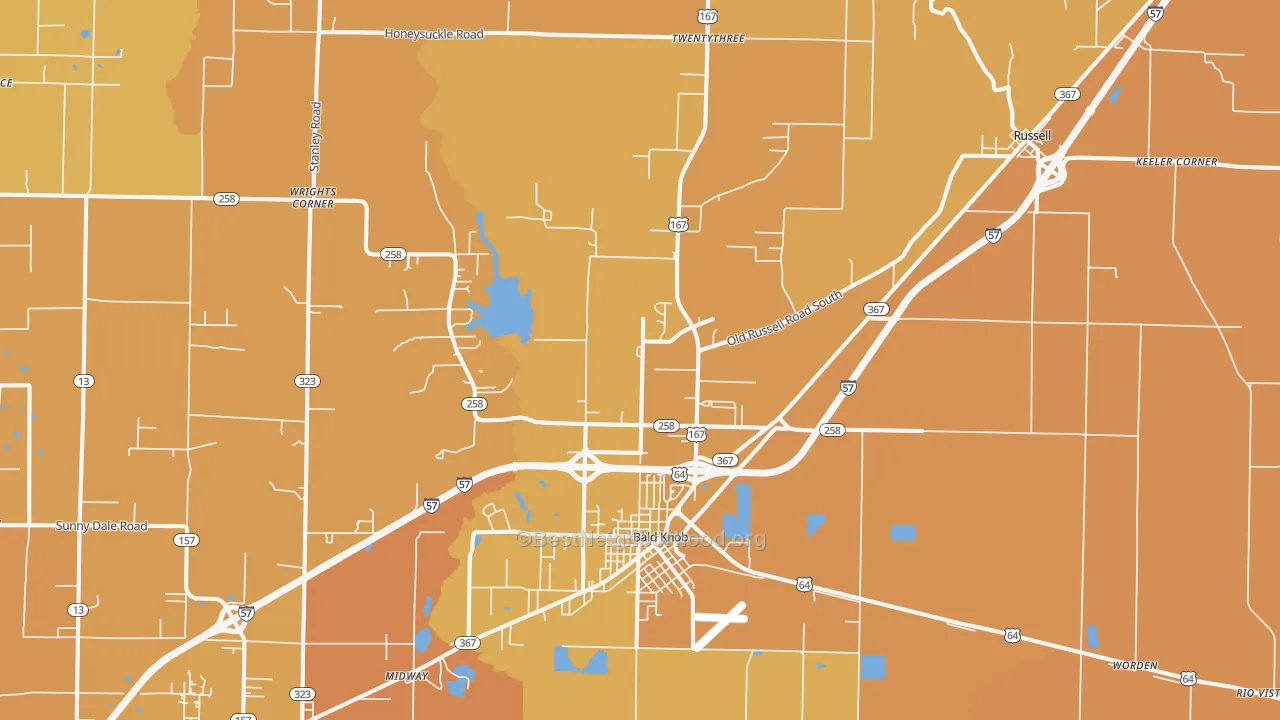 Map of the best neighborhoods in the Bald Knob area, with better matches in green and worse matches in red