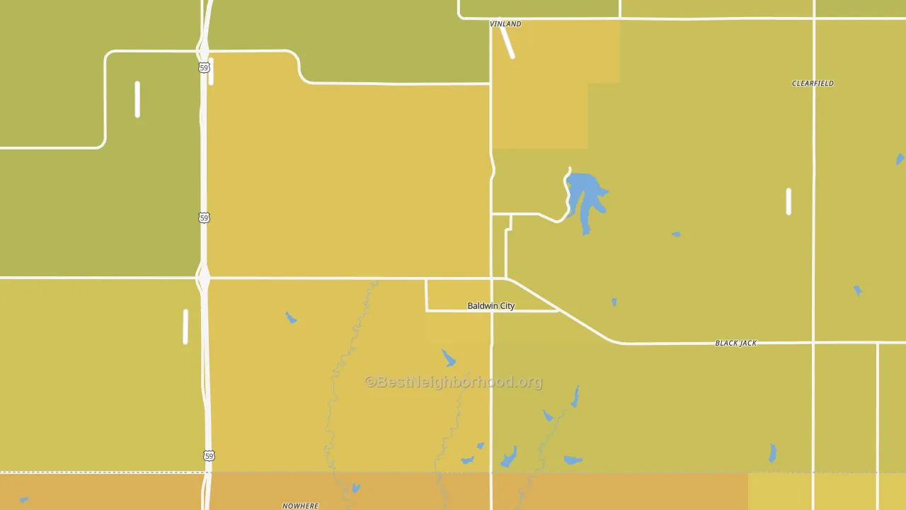 Map of the best neighborhoods in the Baldwin City area, with better matches in green and worse matches in red