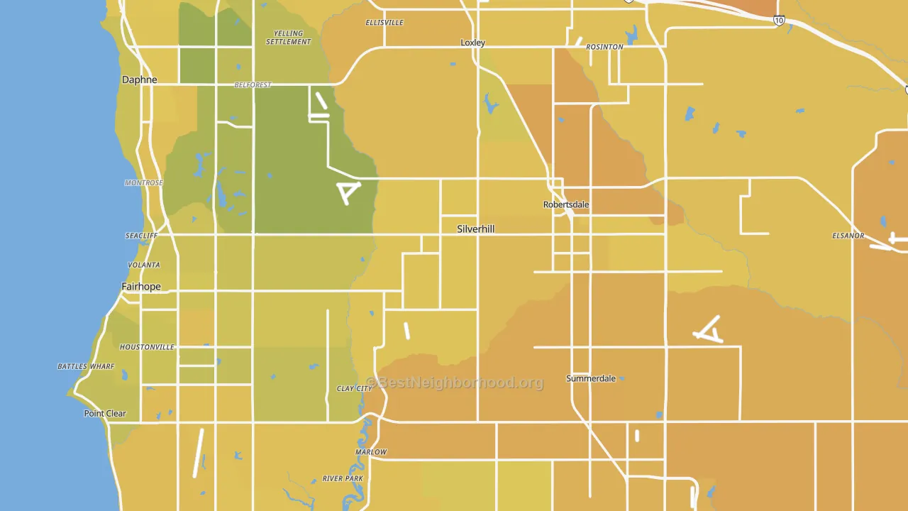 Map of the best neighborhoods in the Baldwin County area, with better matches in green and worse matches in red