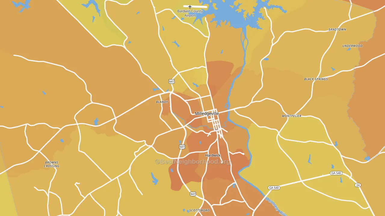 Map of the best neighborhoods in the Baldwin County area, with better matches in green and worse matches in red