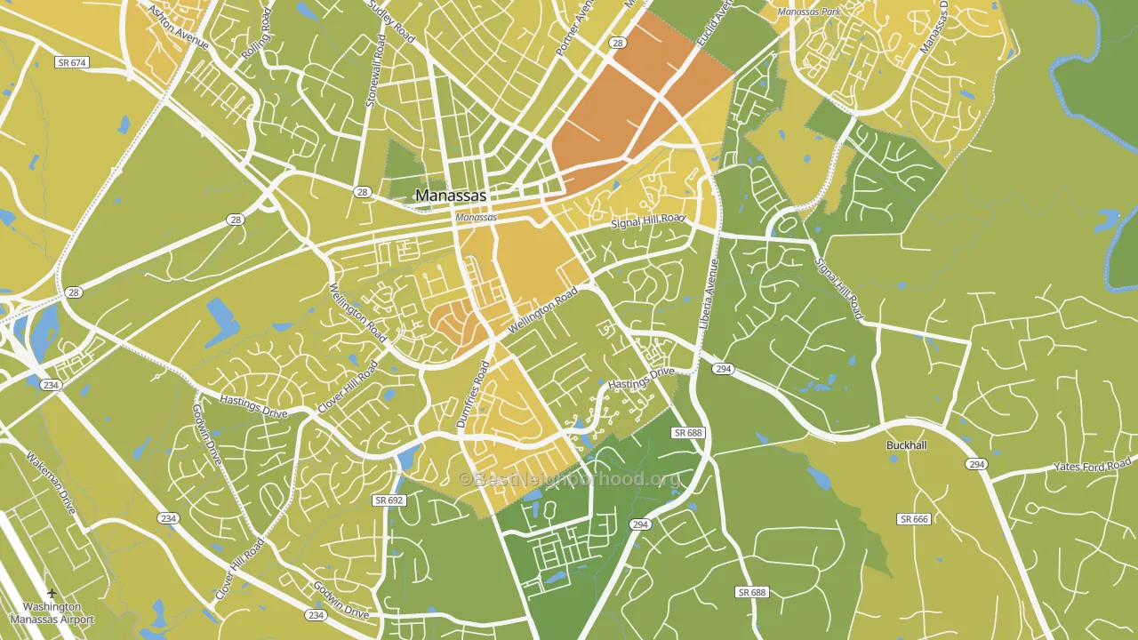Map of the best neighborhoods in the Baldwin District, Manassas area, with better matches in green and worse matches in red