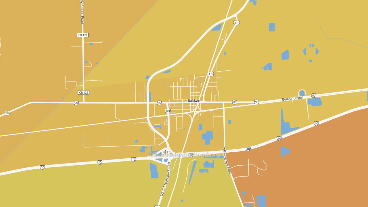 Map of the best neighborhoods in the Baldwin area, with better matches in green and worse matches in red