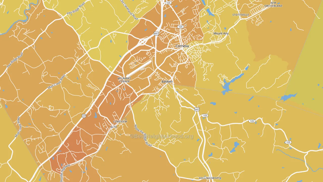 Map of the best neighborhoods in the Baldwin area, with better matches in green and worse matches in red