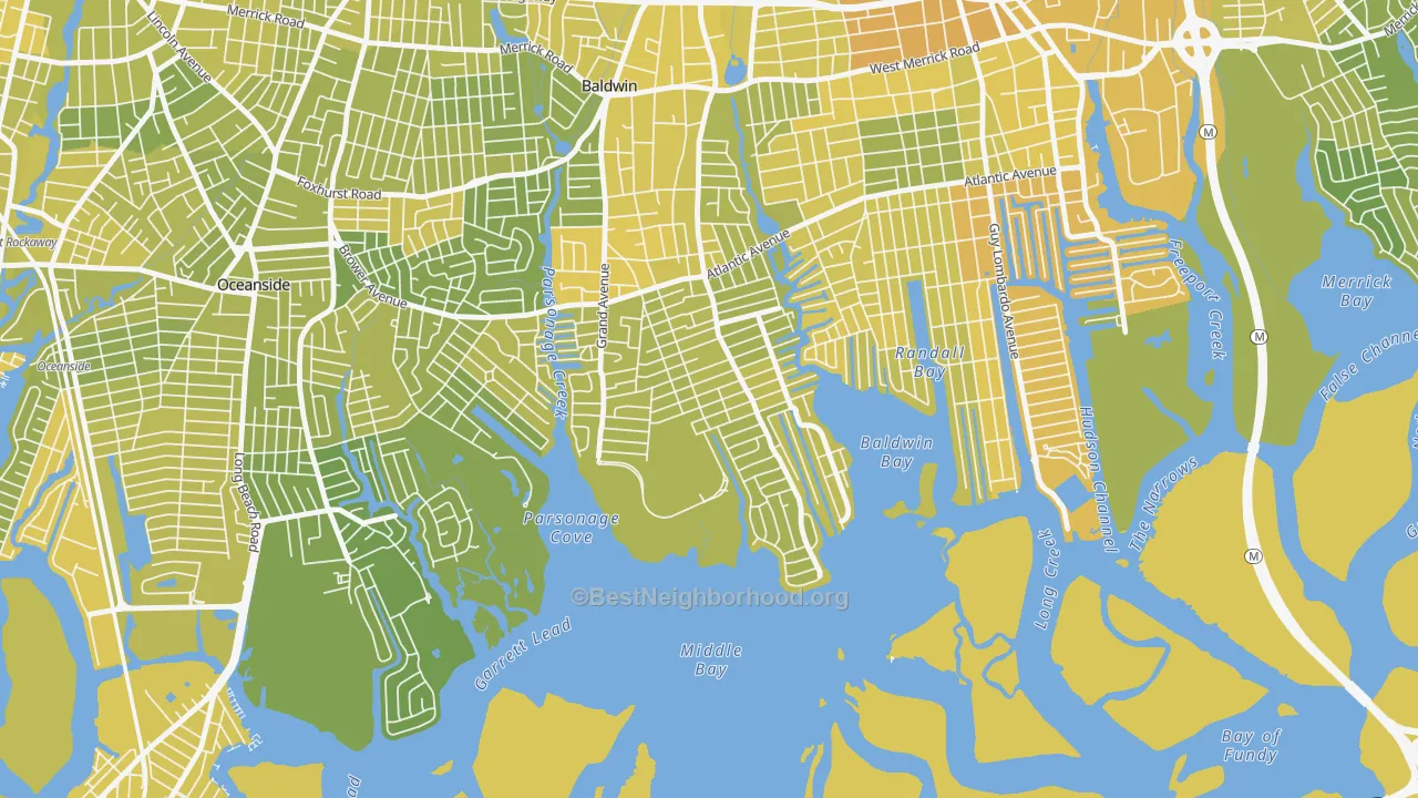 Map of the best neighborhoods in the Baldwin Harbor area, with better matches in green and worse matches in red