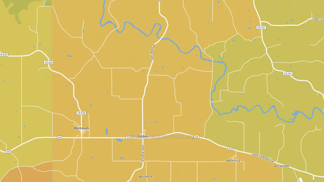 Map of the best neighborhoods in the Baldwin area, with better matches in green and worse matches in red