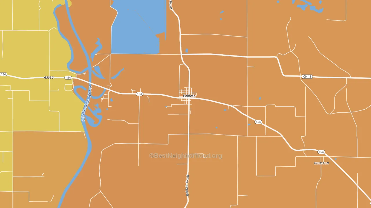 Map of the best neighborhoods in the Baldwin area, with better matches in green and worse matches in red