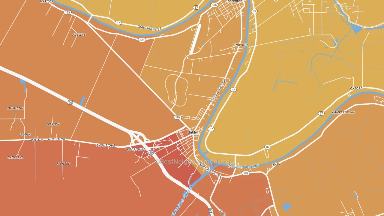 Map of the best neighborhoods in the Baldwin area, with better matches in green and worse matches in red