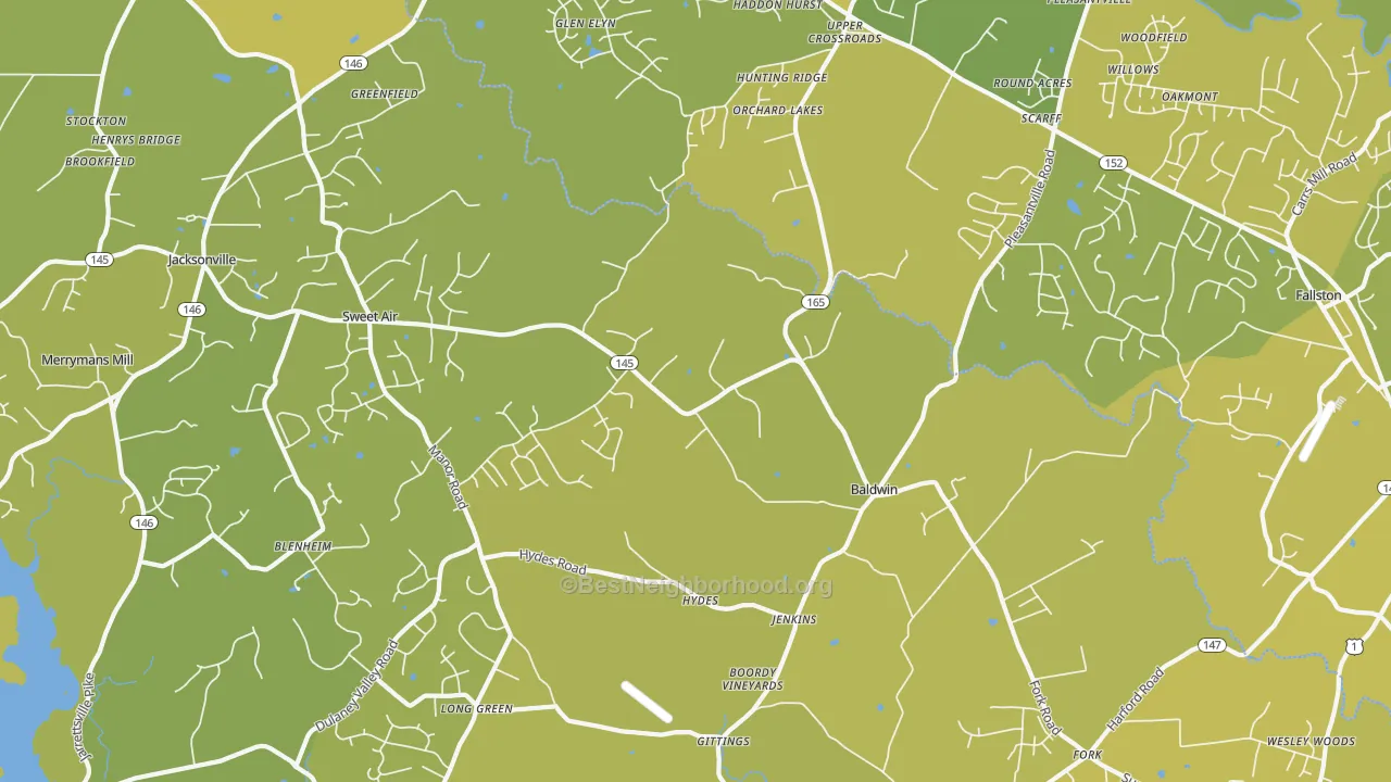 Map of the best neighborhoods in the Baldwin area, with better matches in green and worse matches in red