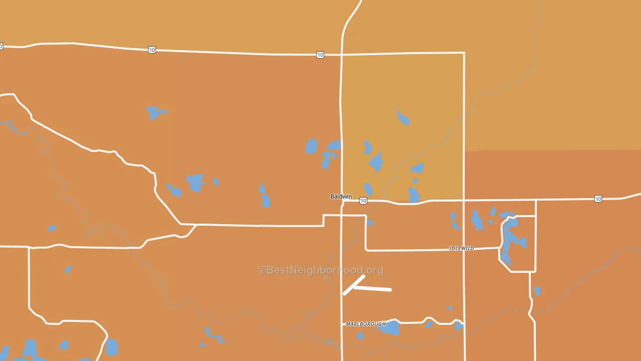 Map of the best neighborhoods in the Baldwin area, with better matches in green and worse matches in red