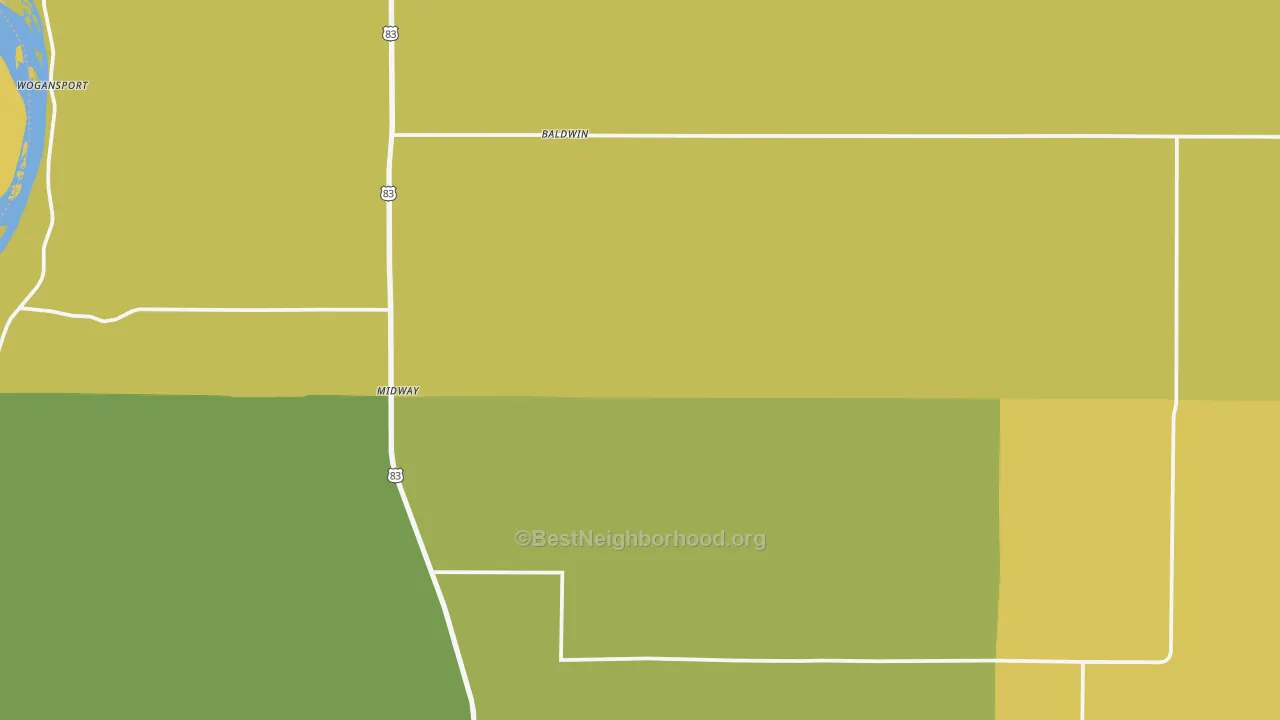 Map of the best neighborhoods in the Baldwin area, with better matches in green and worse matches in red