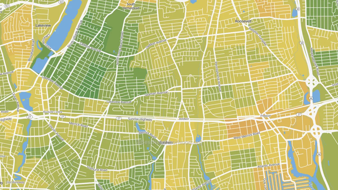 Map of the best neighborhoods in the Baldwin area, with better matches in green and worse matches in red