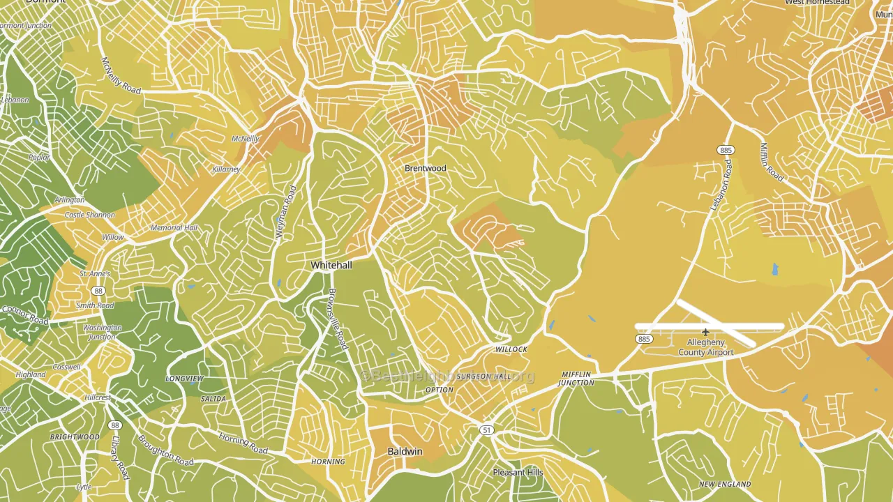 Map of the best neighborhoods in the Baldwin area, with better matches in green and worse matches in red