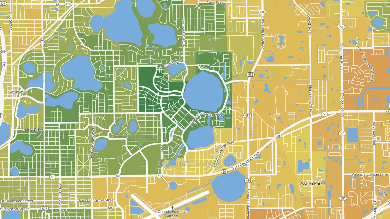 Map of the best neighborhoods in the Baldwin Park, Orlando area, with better matches in green and worse matches in red