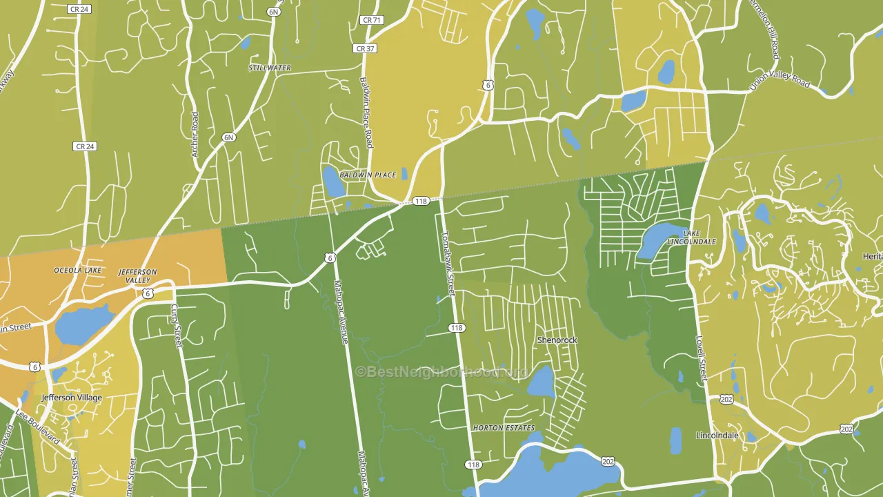 Map of the best neighborhoods in the Baldwin Place area, with better matches in green and worse matches in red