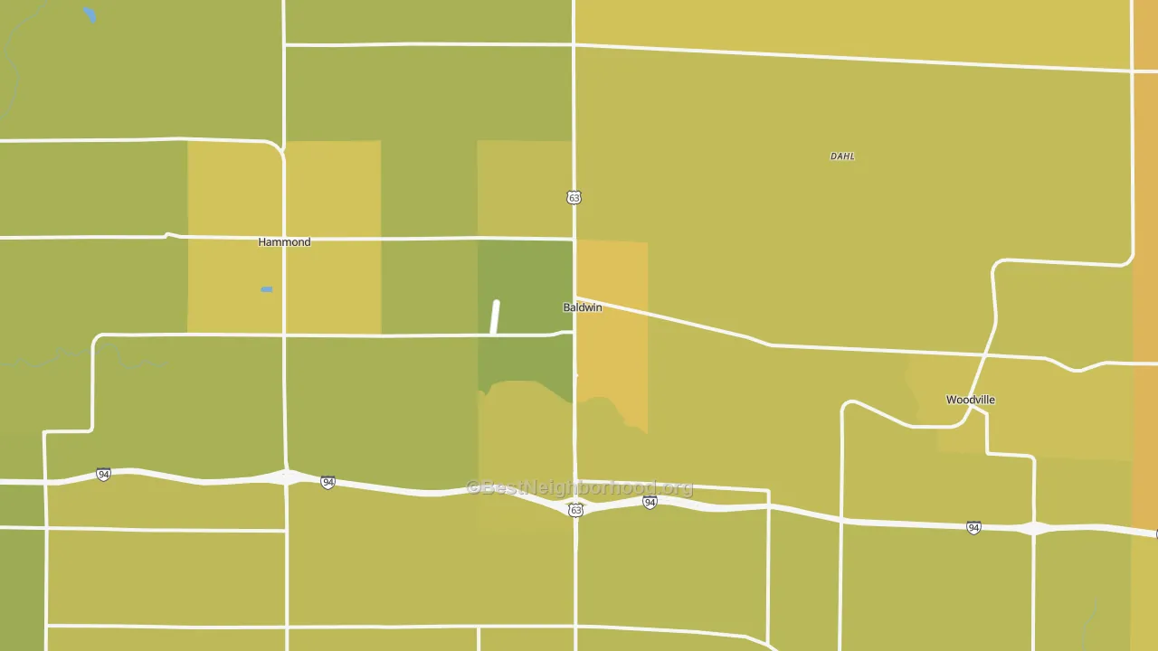 Map of the best neighborhoods in the Baldwin area, with better matches in green and worse matches in red