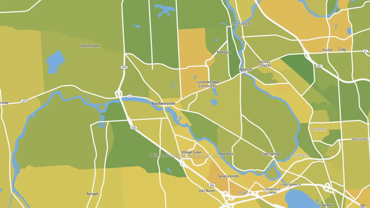 Map of the best neighborhoods in the Baldwinsville area, with better matches in green and worse matches in red