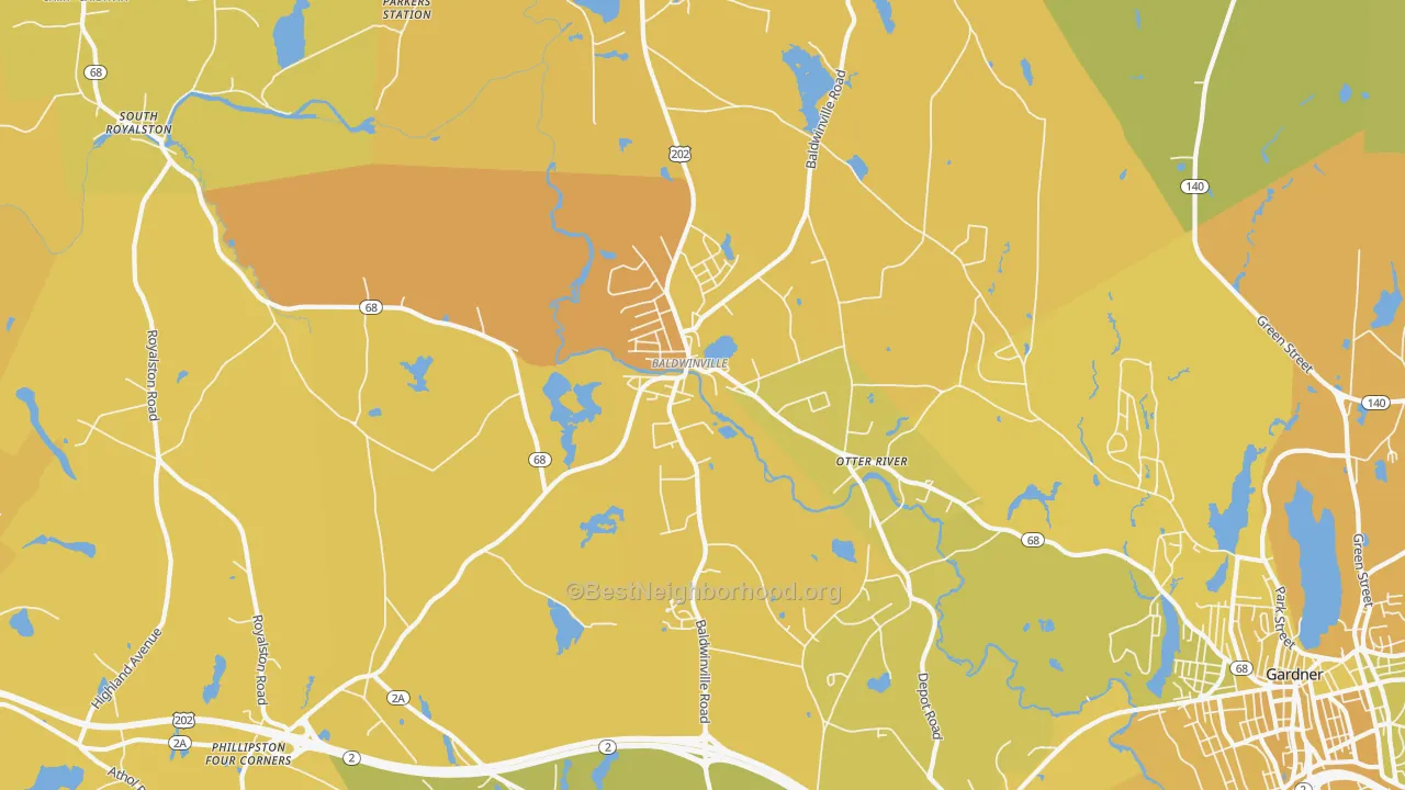 Map of the best neighborhoods in the Baldwinville area, with better matches in green and worse matches in red