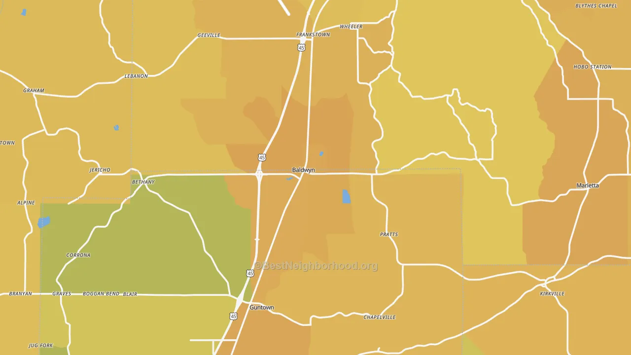 Map of the best neighborhoods in the Baldwyn area, with better matches in green and worse matches in red