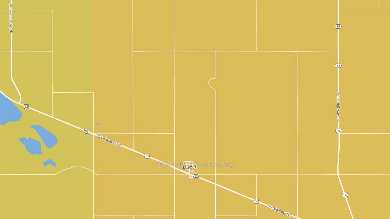 Map of the best neighborhoods in the Balfour area, with better matches in green and worse matches in red