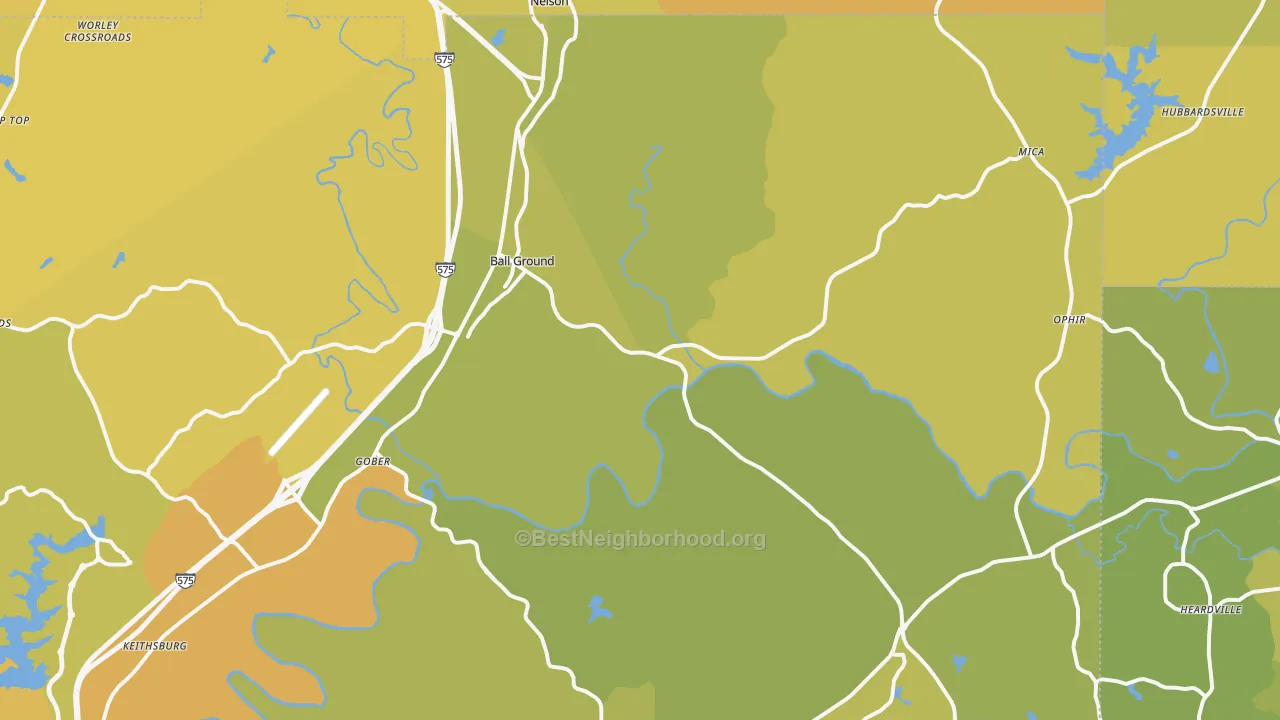 Map of the best neighborhoods in the Ball Ground area, with better matches in green and worse matches in red