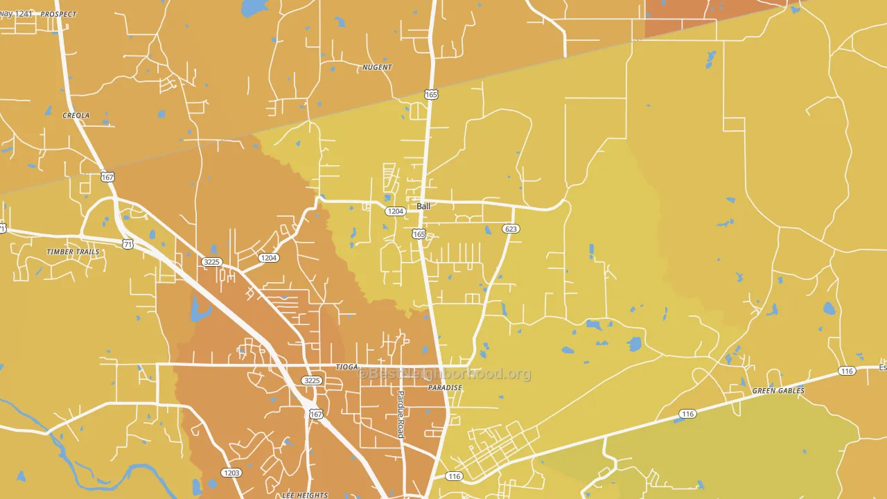 Map of the best neighborhoods in the Ball area, with better matches in green and worse matches in red