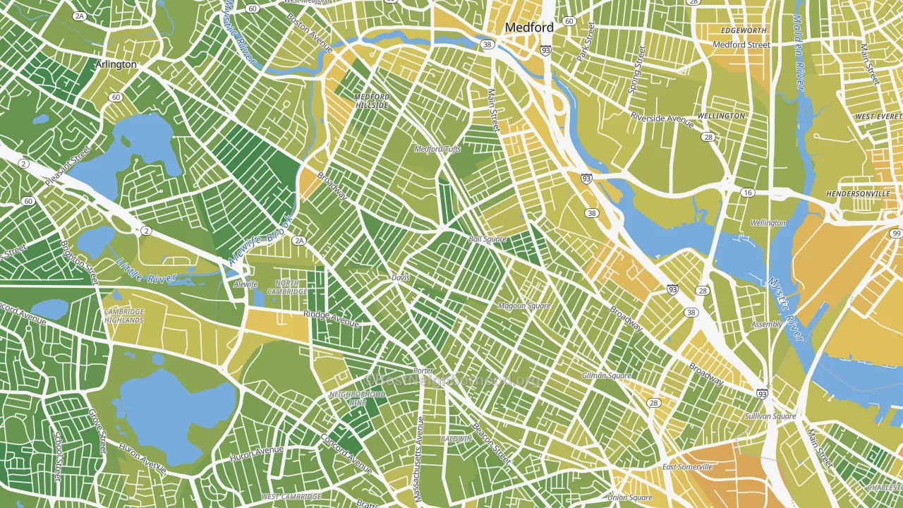 Map of the best neighborhoods in the Ball Square, Somerville area, with better matches in green and worse matches in red