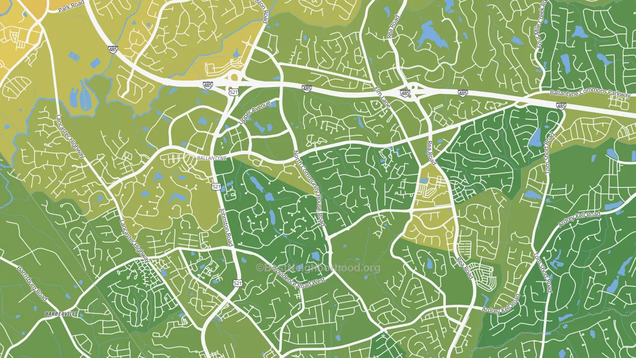 Map of the best neighborhoods in the Ballantyne East, Charlotte area, with better matches in green and worse matches in red