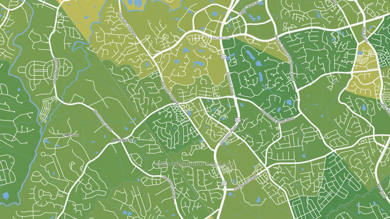 Map of the best neighborhoods in the Ballantyne West, Charlotte area, with better matches in green and worse matches in red